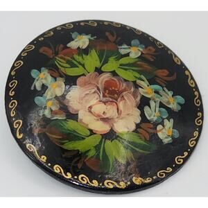 Vintage Russian Wood Laqcuer Wood Hand Painted Flower Brooch Pin